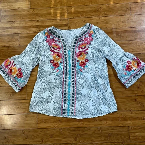Savanna Jane Multicolor Floral Embroidered Rayon Bell Sleeve Blouse - Picture 2 of 9